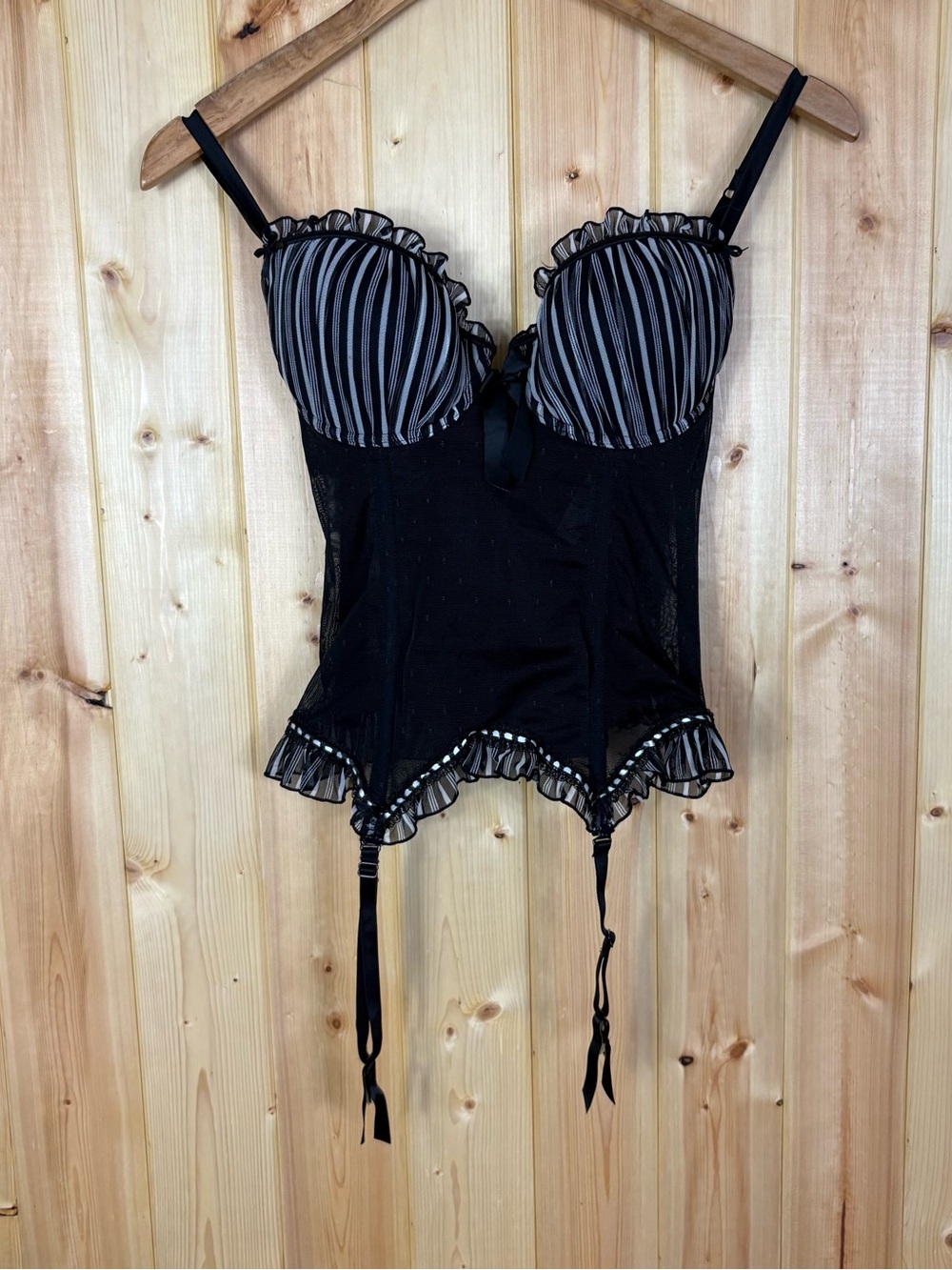 La Senza Corset Bustier Lingerie Top M Mesh Garter French Maid Pinstripe Y2K